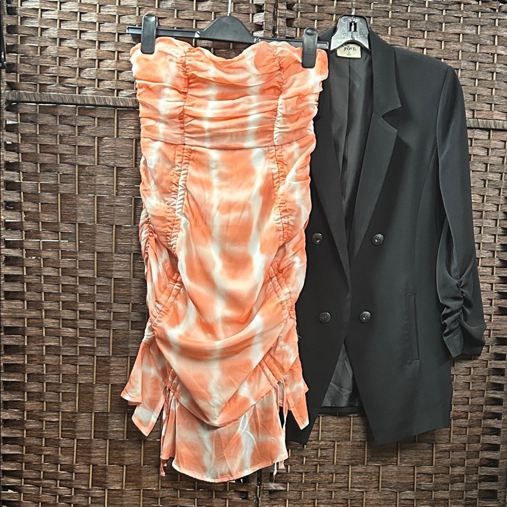 Orange Tie-Dye Strapless Dress and Black Blazer